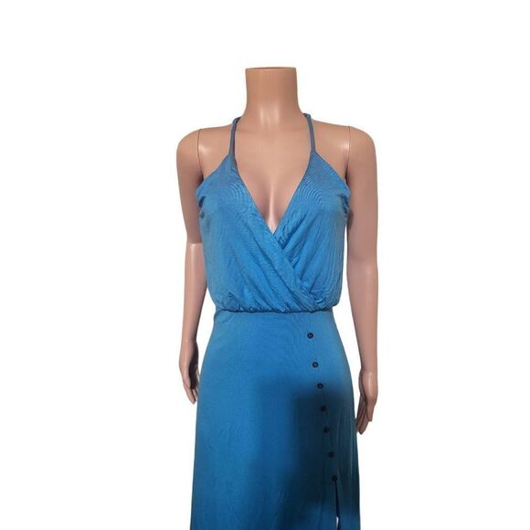 Identity women's  V-neck spaghetti straps surplice turquoise casual midi dress S - Picture 4 of 7